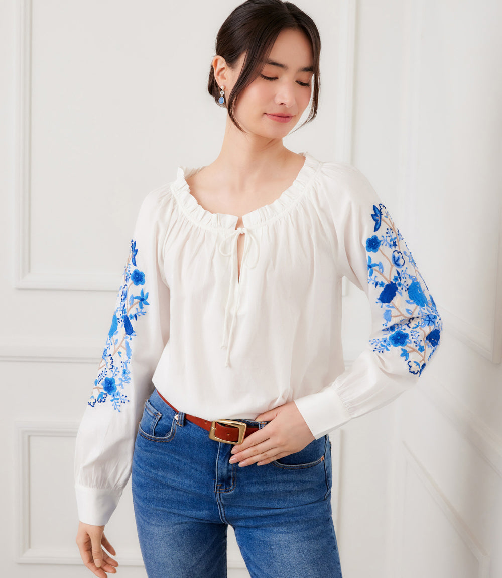 Embroidered Blouson Sleeve Tie-Neck Peasant Top