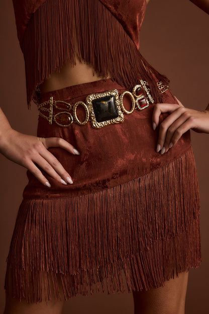 Tamsin Terracotta Jacquard Fringe Mini Skirt